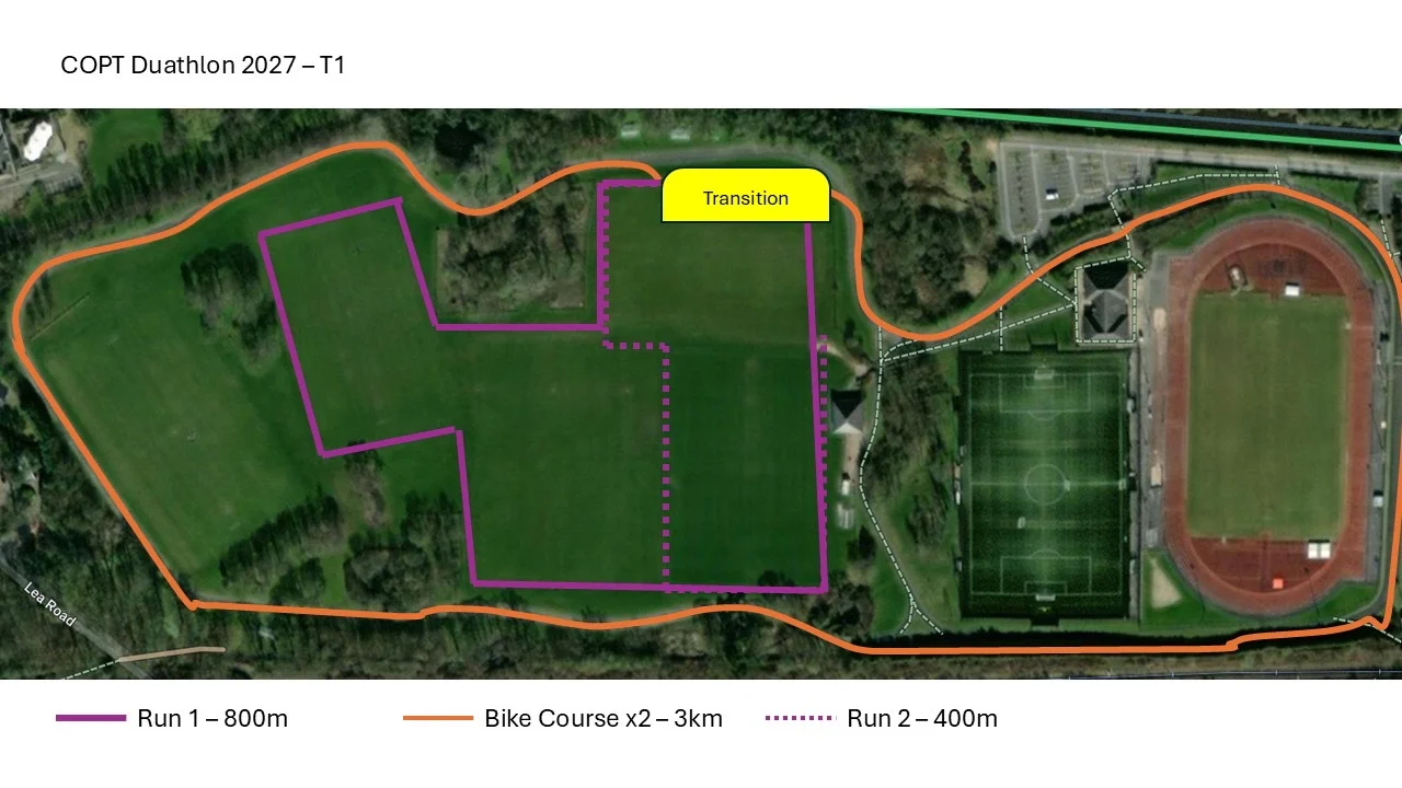 Course map for the T1 race: an 800m first run on the field, two laps of the cycle track, then a 400m second run