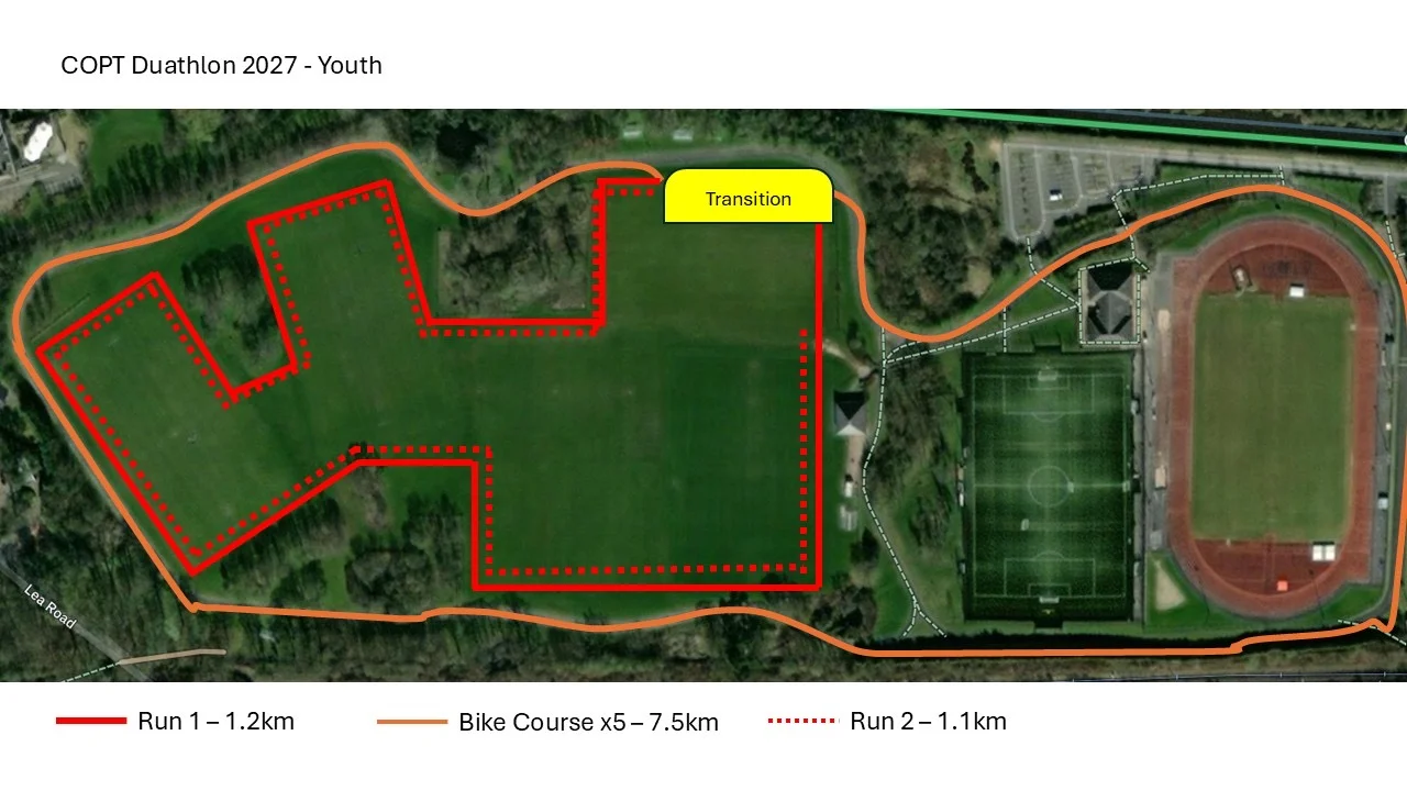 Course map for the Youth race: a 1.2km first run on the field, five laps of the cycle track, then a 1.1km second run